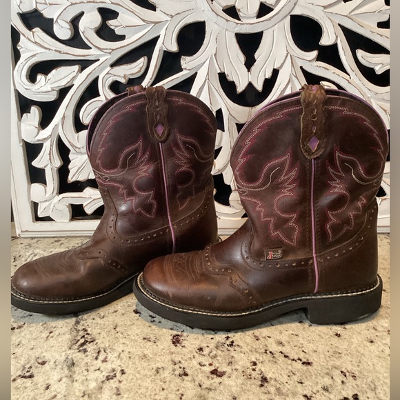 Justin Gypsy Cowgirl Brown Leather Pink Trim Detail Western Boots Size 8.5 - Picture 7 of 12